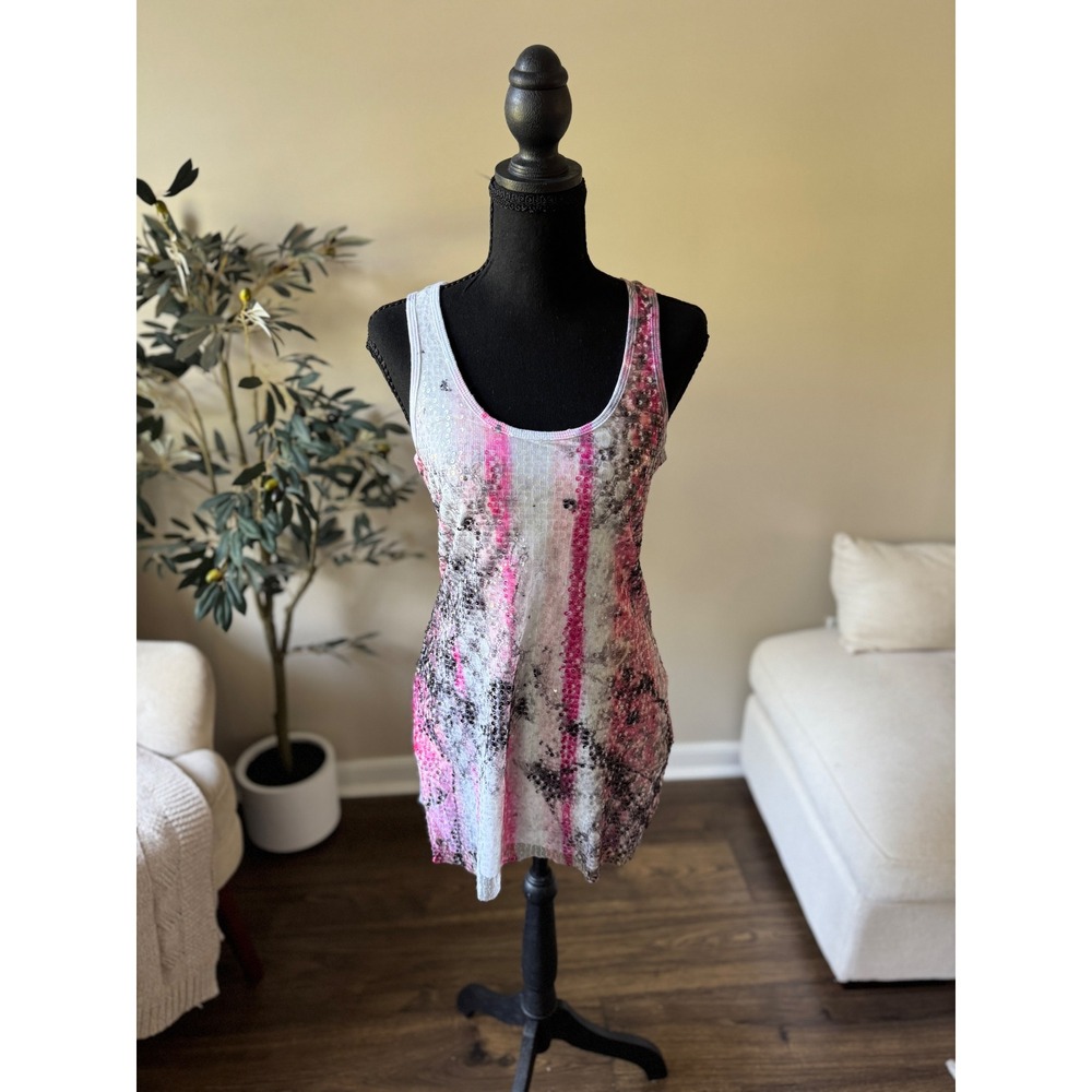 Guess Los Angeles Pink Grey Sequin Tie Dye Racerback Ribbed Tank Top Large